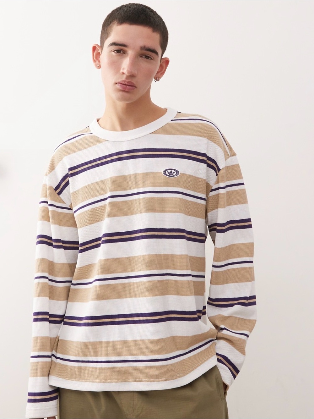 Adidas Long Sleeve Graphic Striped Waffle Tee Beige/ White KS6849 Men’s Size L
